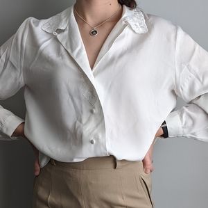 White button down with covered buttons